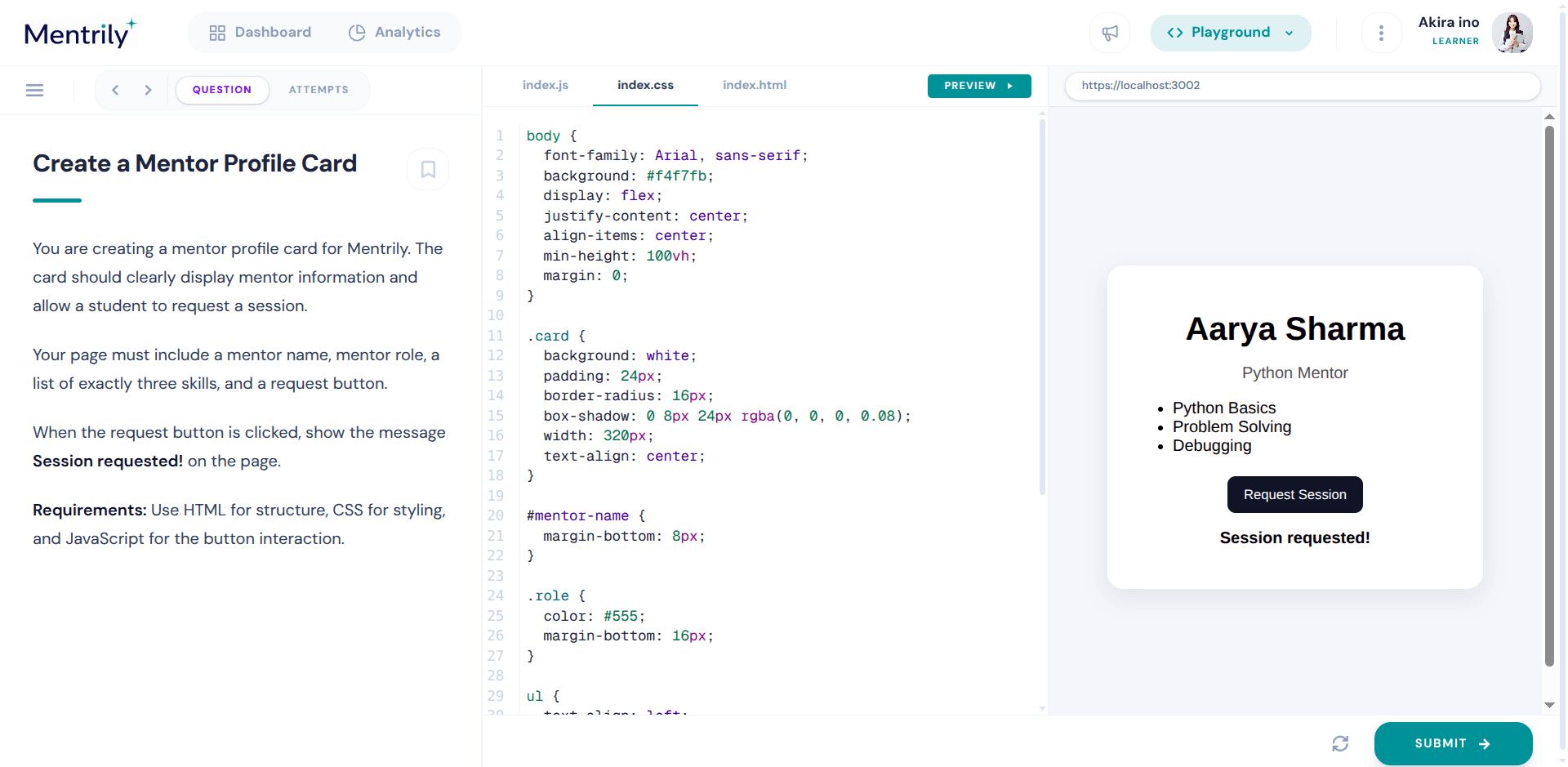Mentrily web question with editor files and live preview